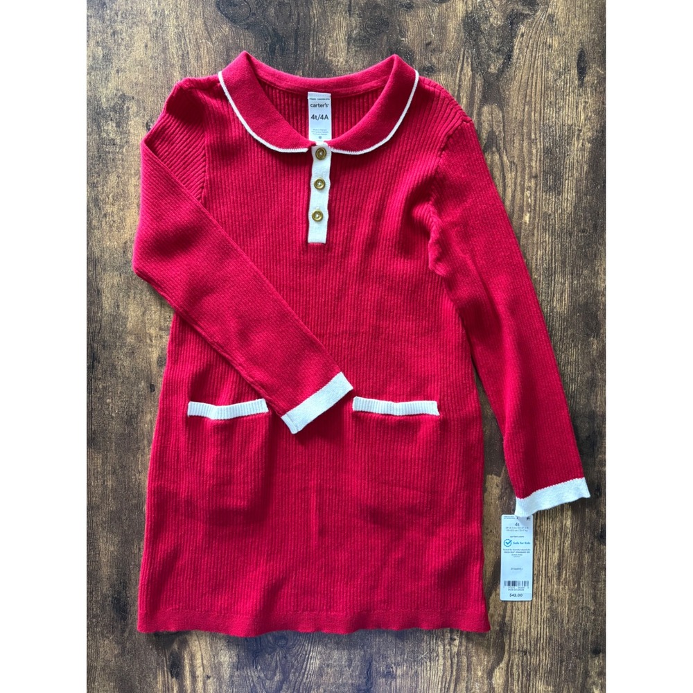 Carters Girls Red Ribbed Knit Sweater Dress Peter Pan Collar 4T New 2T566110‎